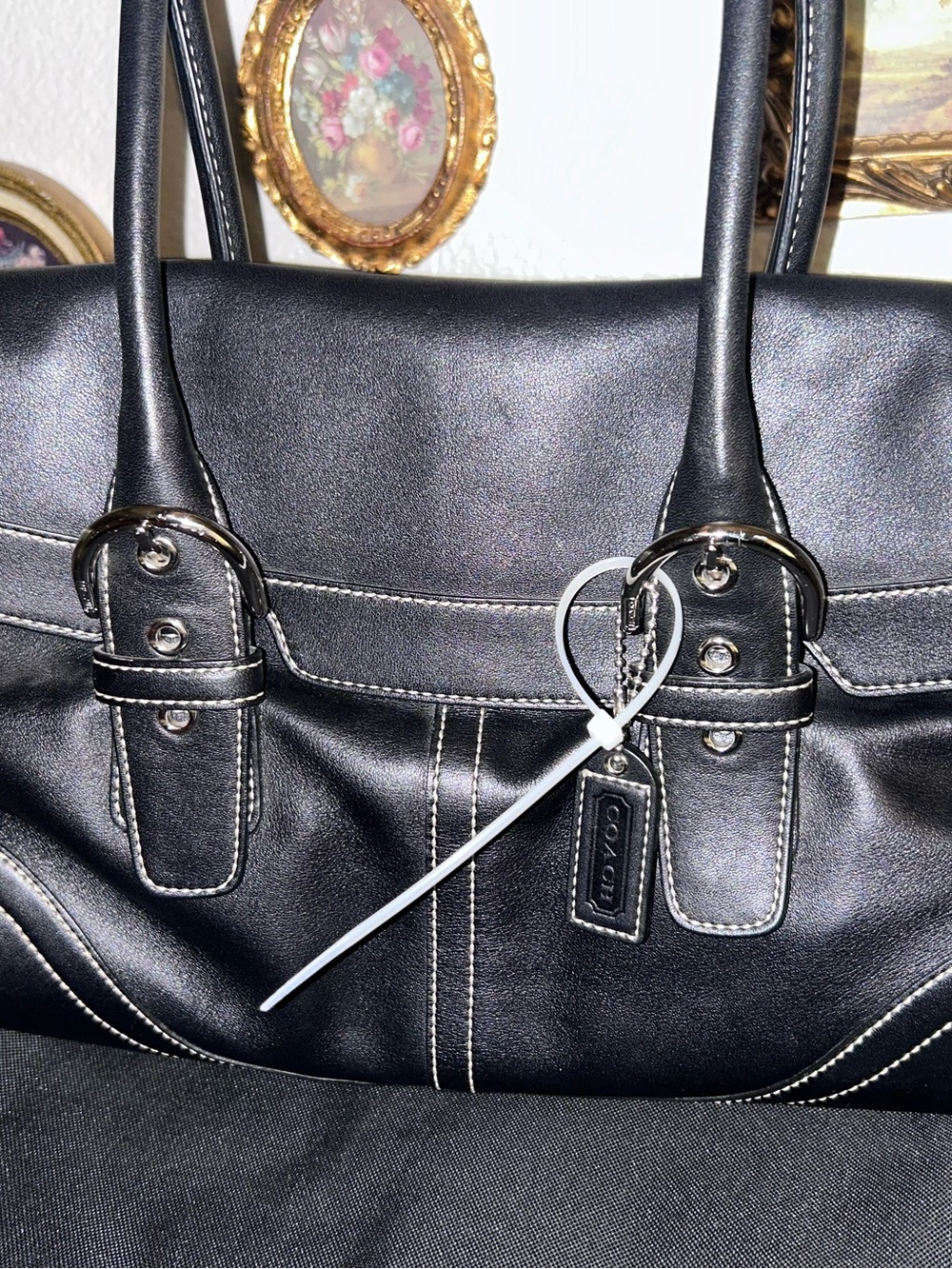 COACH Black Leather Shoulder Bag with White Contrast Stitching